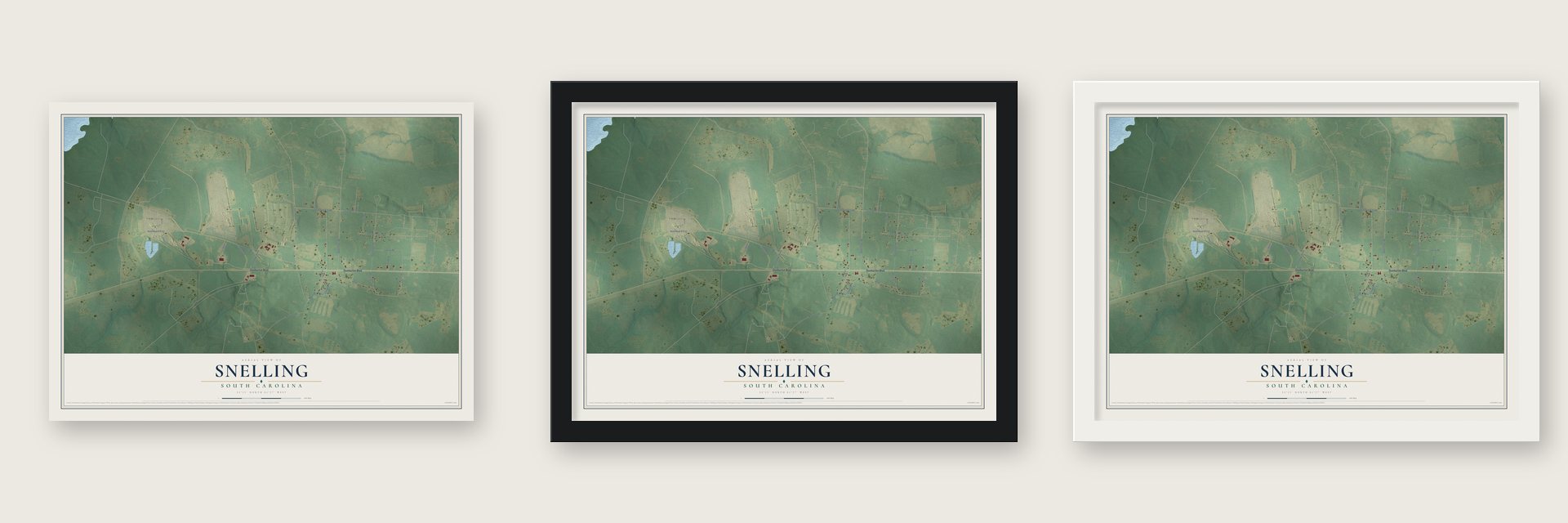 Snelling, South Carolina map unframed, in a black wood frame and in a white wood frame