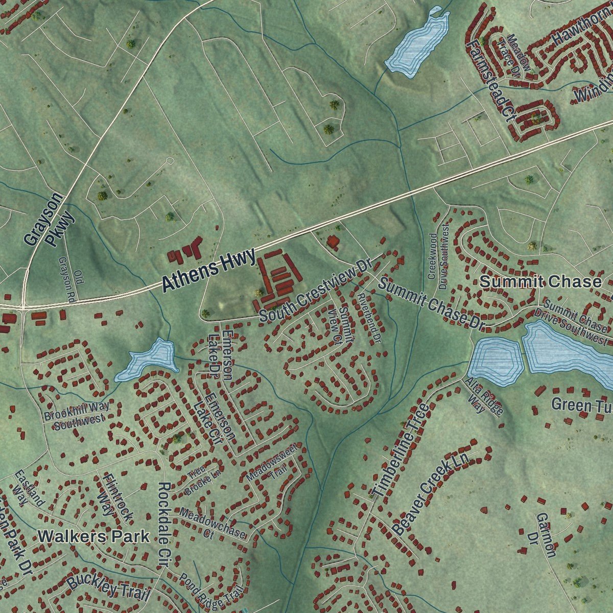 Second close-up of the map of Snellville, Georgia print showing more streets and buildings