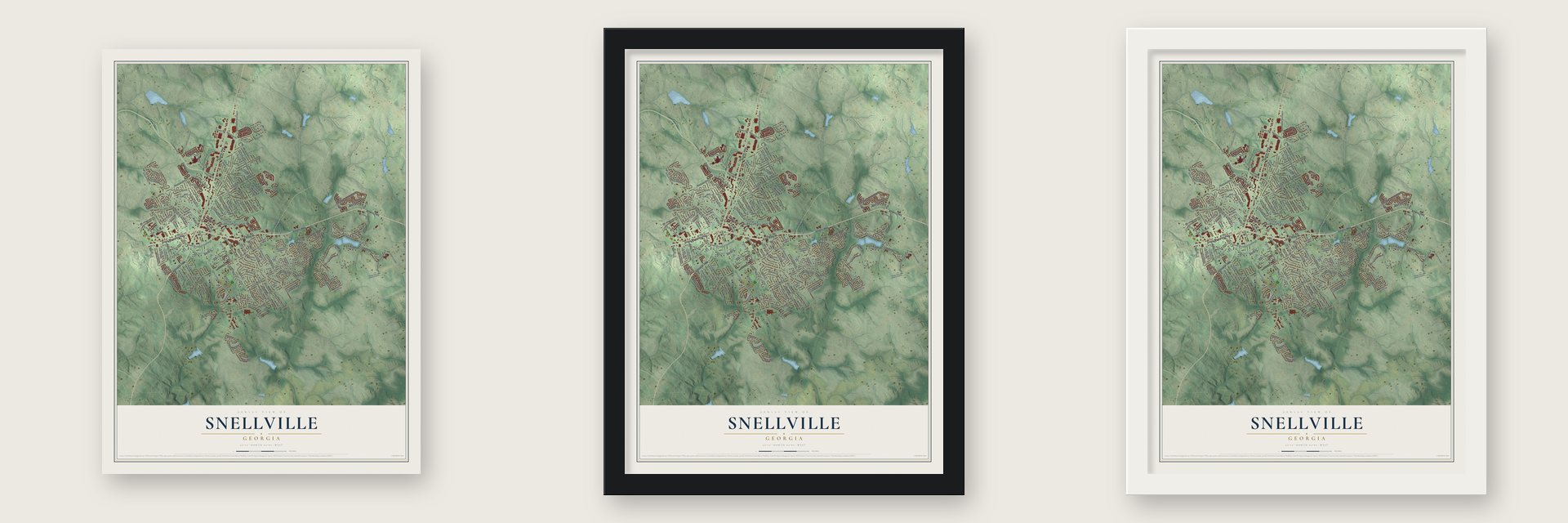 Snellville, Georgia map unframed, in a black wood frame and in a white wood frame