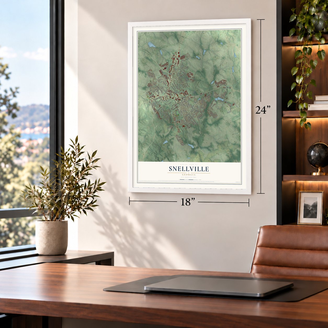 Snellville, Georgia map, 18 x 24 inch print in a white frame in a home office