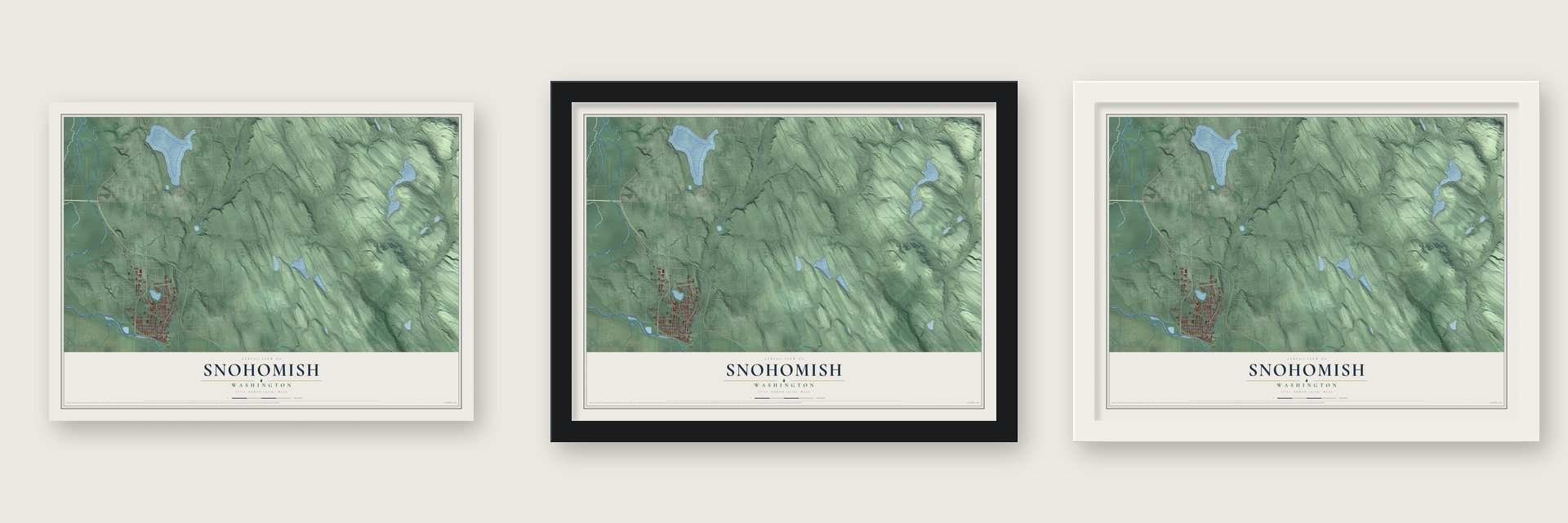 Snohomish, Washington map unframed, in a black wood frame and in a white wood frame