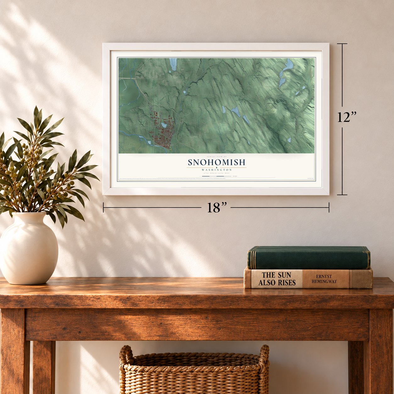 Snohomish, Washington map, 12 x 18 inch print in a white frame in an entryway