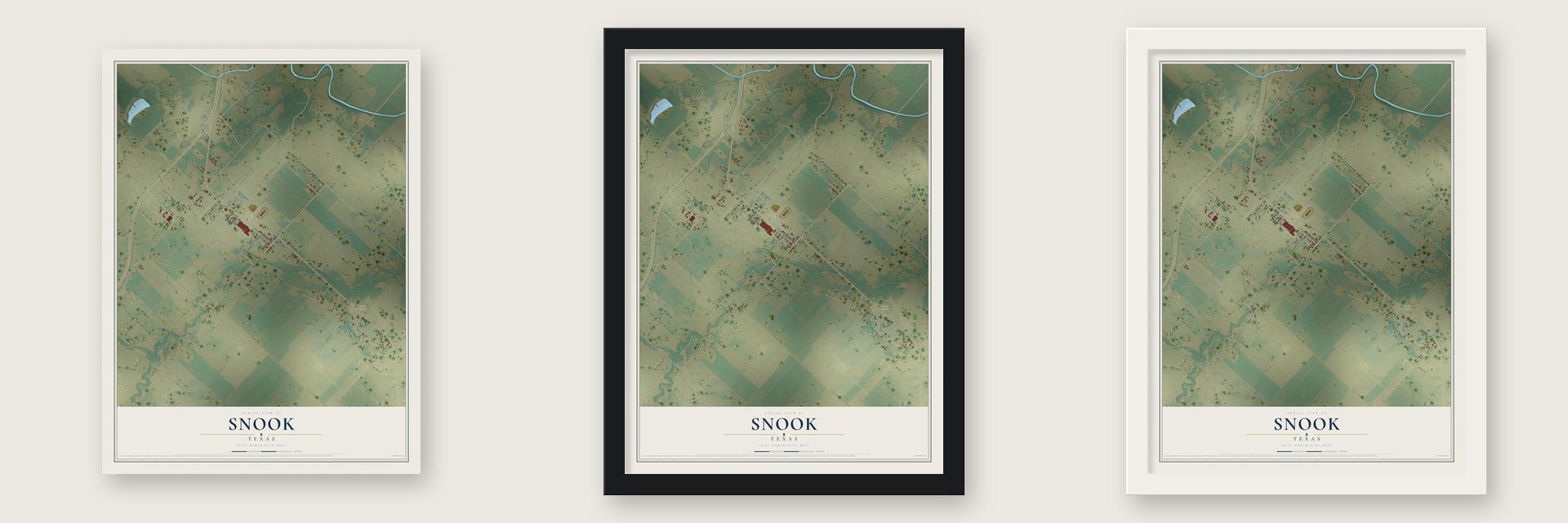 Snook, Texas map unframed, in a black wood frame and in a white wood frame