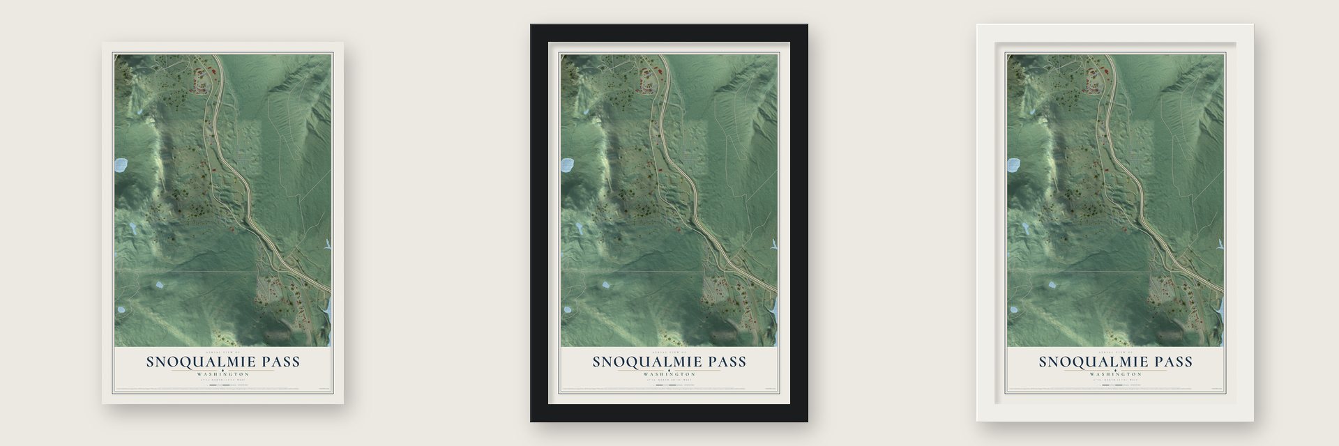 Snoqualmie Pass, Washington map unframed, in a black wood frame and in a white wood frame