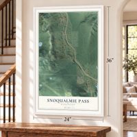 Snoqualmie Pass, Washington map, 24 x 36 inch print in a white frame by a staircase