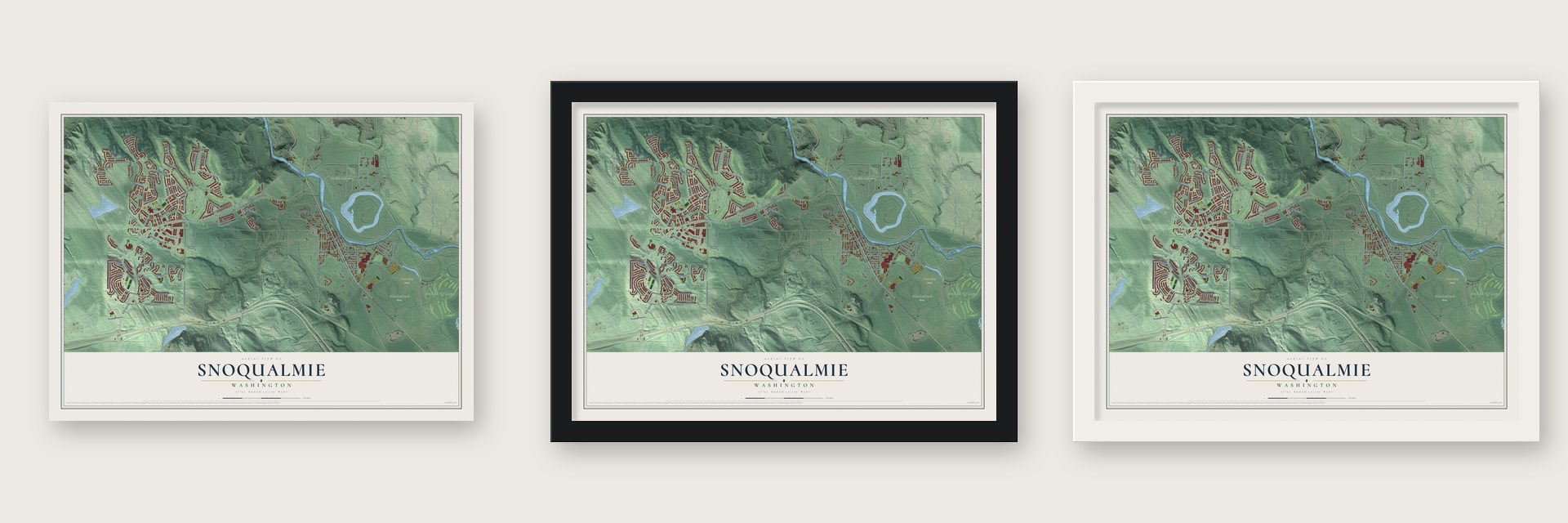 Snoqualmie, Washington map unframed, in a black wood frame and in a white wood frame