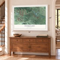 Snoqualmie, Washington map, 24 x 36 inch print in a white frame above a dresser by a staircase