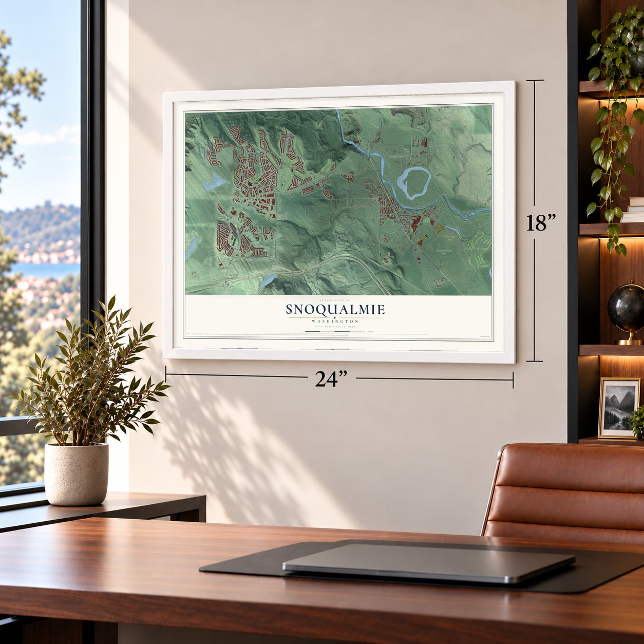 Snoqualmie, Washington map, 18 x 24 inch print in a white frame in a home office