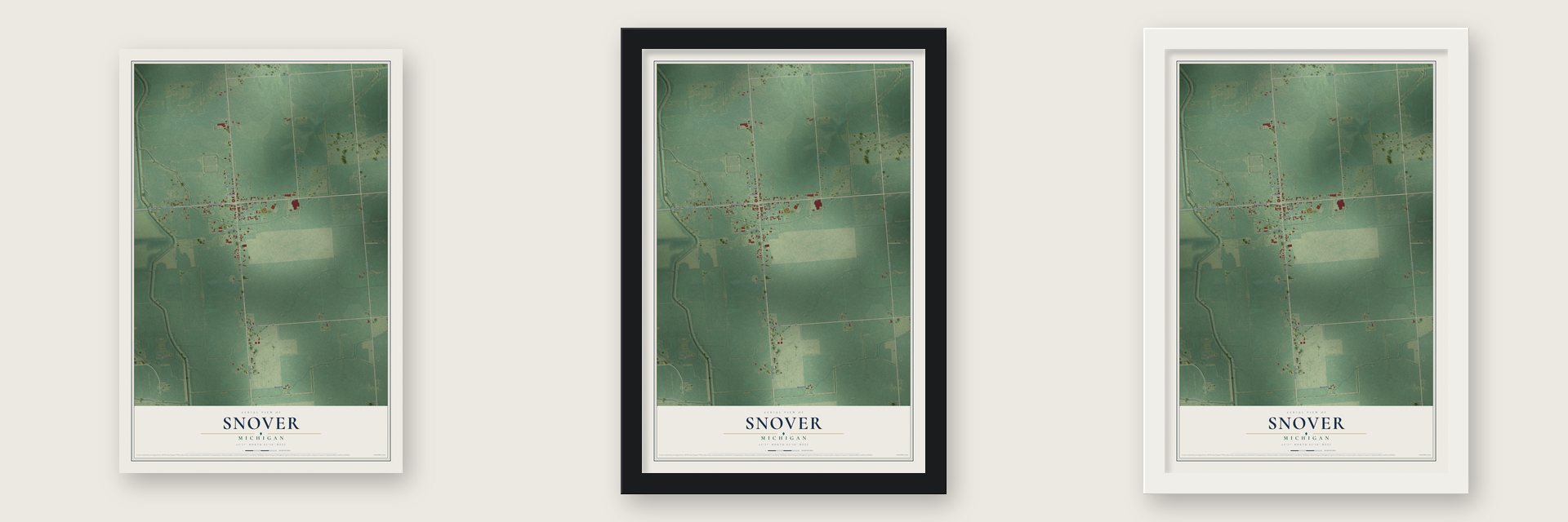 Snover, Michigan map unframed, in a black wood frame and in a white wood frame