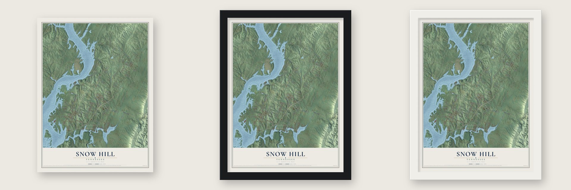 Snow Hill, Tennessee map unframed, in a black wood frame and in a white wood frame