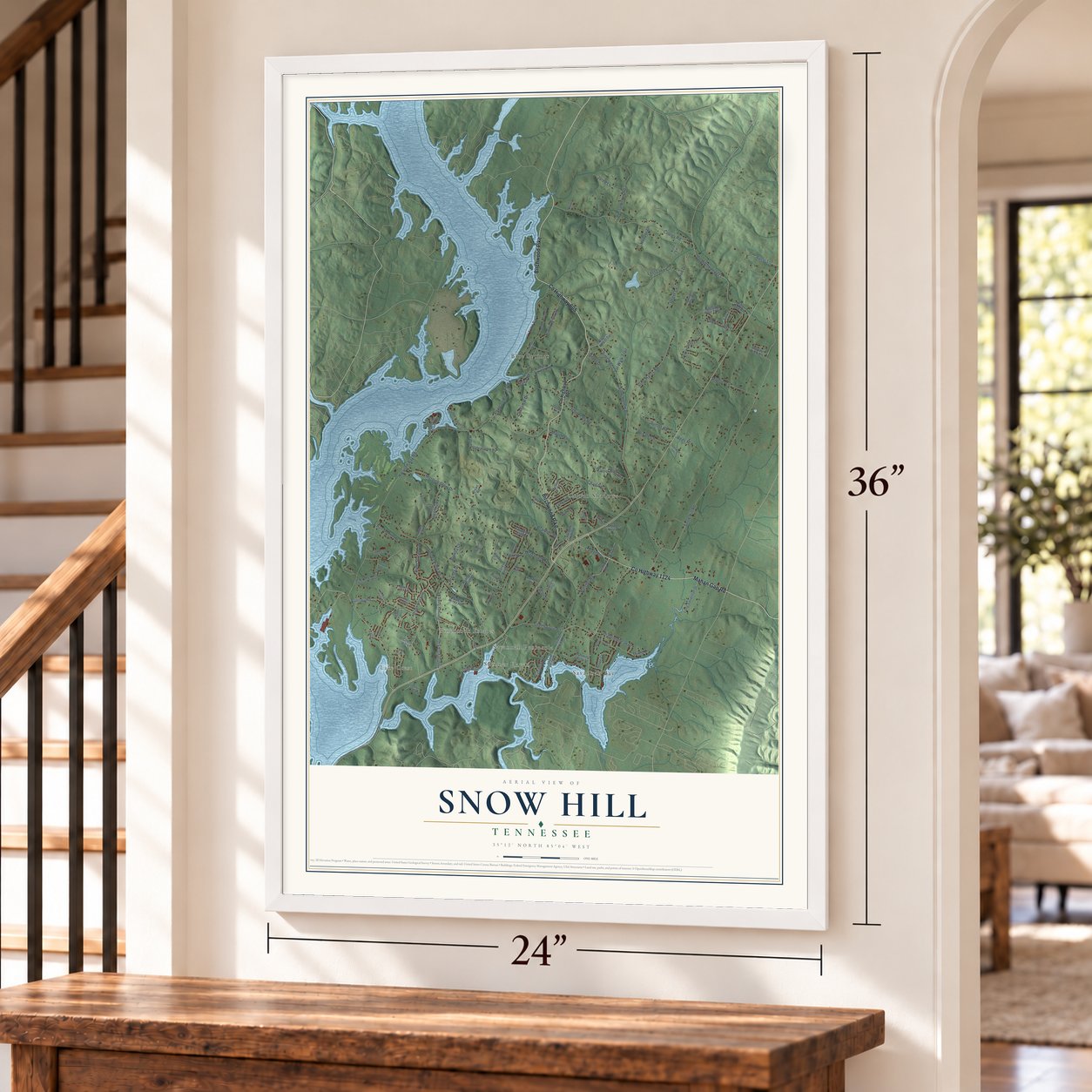 Snow Hill, Tennessee map, 24 x 36 inch print in a white frame by a staircase