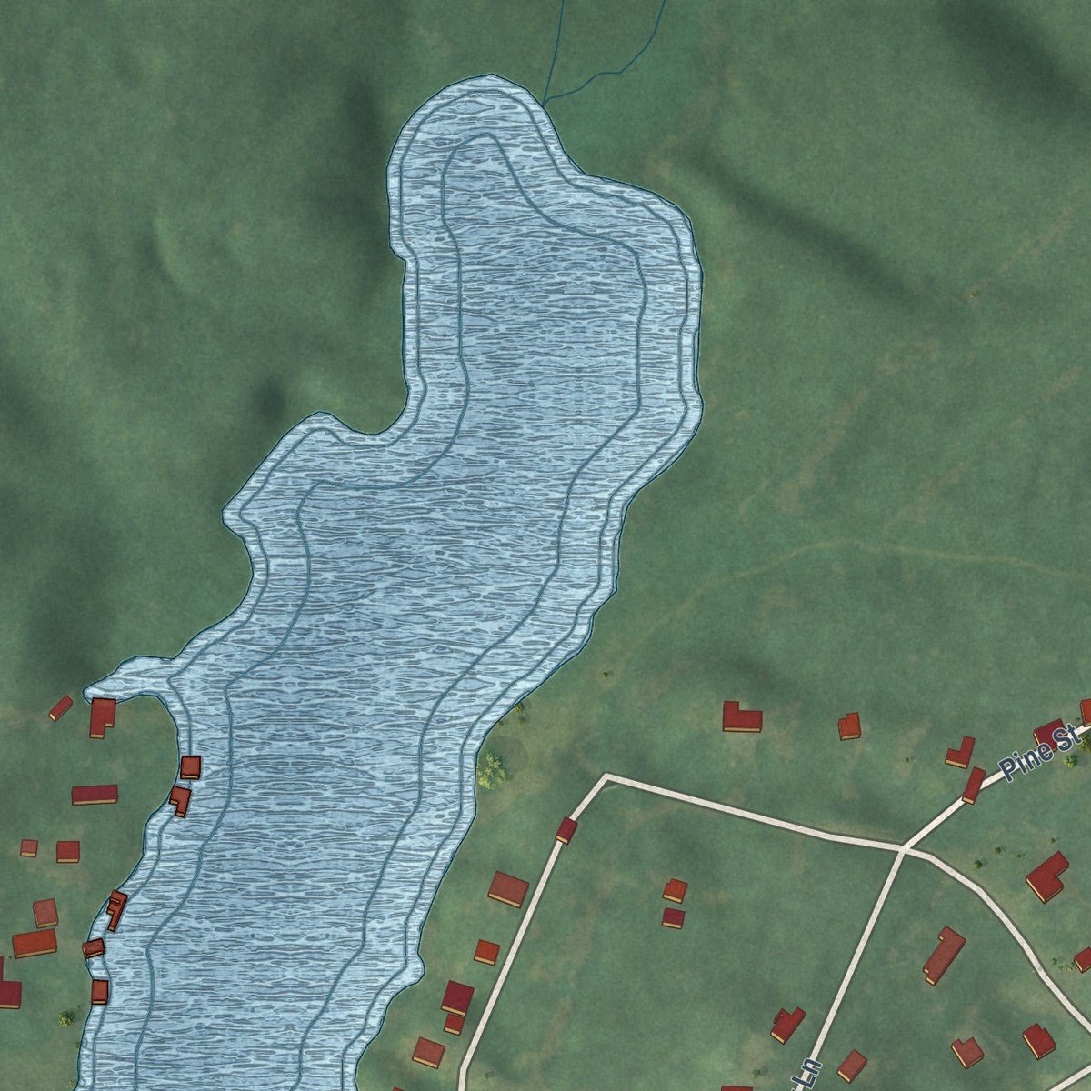 Second close-up of the map of Snow Lake Shores, Mississippi print showing more streets and buildings