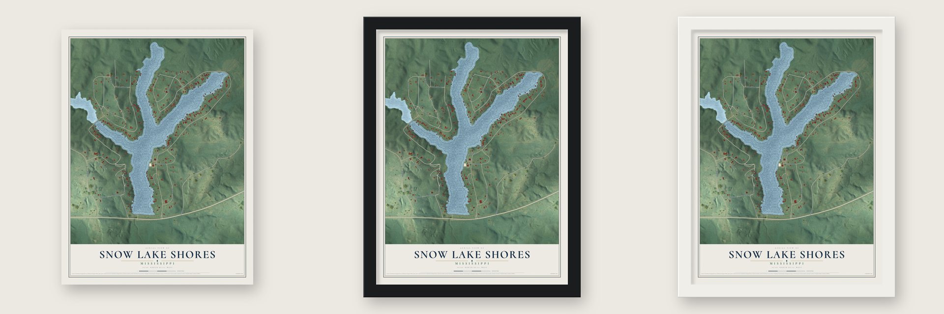Snow Lake Shores, Mississippi map unframed, in a black wood frame and in a white wood frame