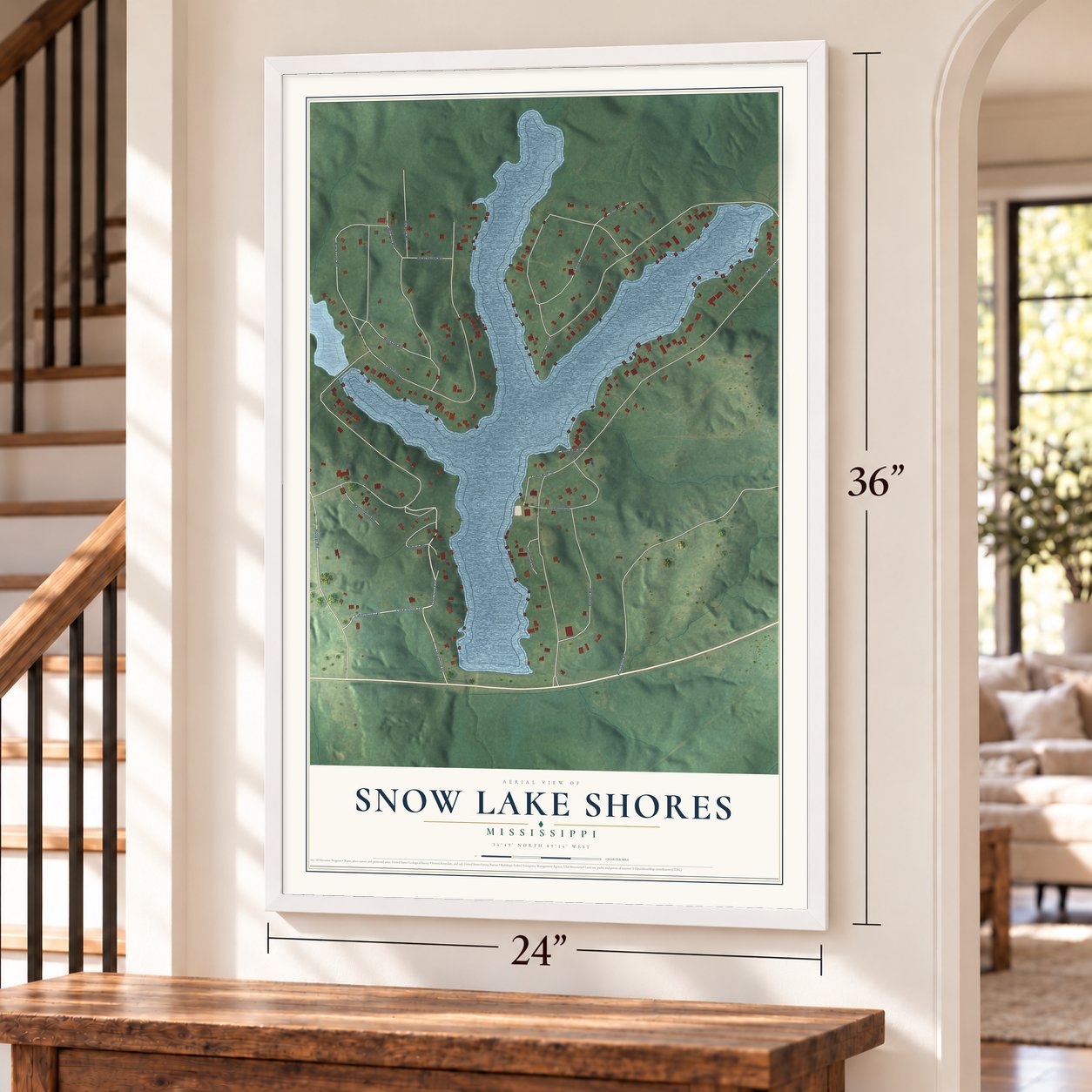 Snow Lake Shores, Mississippi map, 24 x 36 inch print in a white frame by a staircase