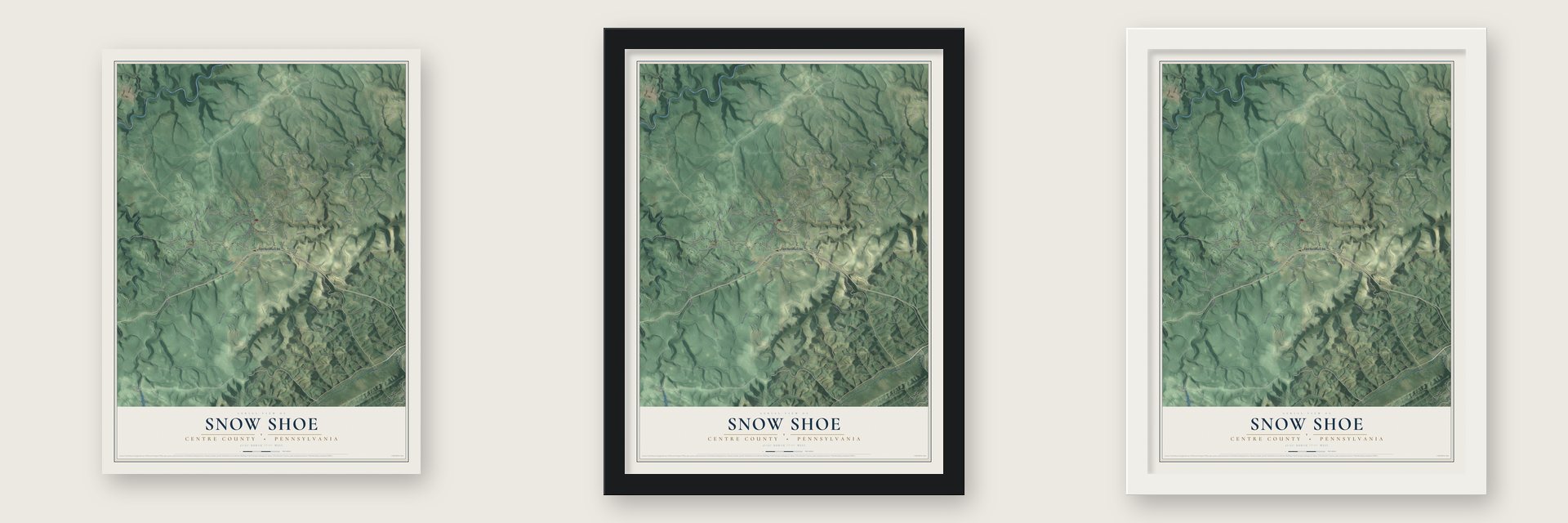 Snow Shoe, Centre County, Pennsylvania map unframed, in a black wood frame and in a white wood frame