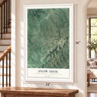 Snow Shoe, Centre County, Pennsylvania map, 24 x 36 inch print in a white frame by a staircase