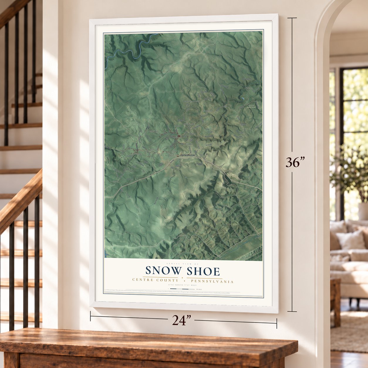 Snow Shoe, Centre County, Pennsylvania map, 24 x 36 inch print in a white frame by a staircase