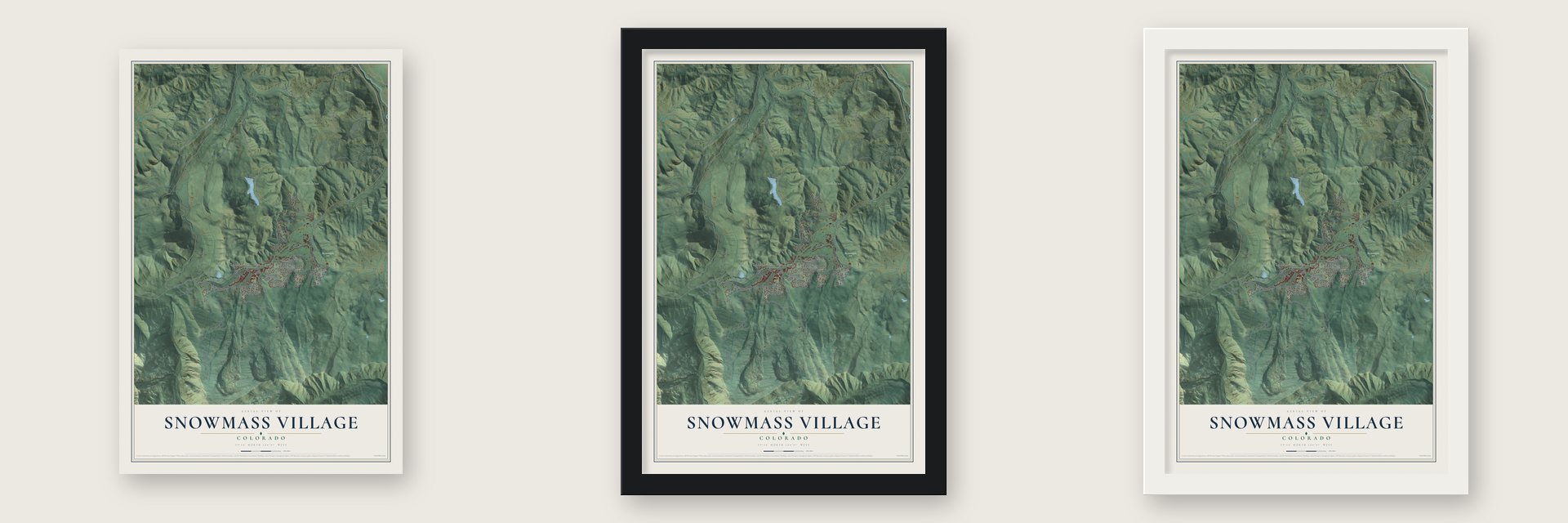 Snowmass Village, Colorado map unframed, in a black wood frame and in a white wood frame