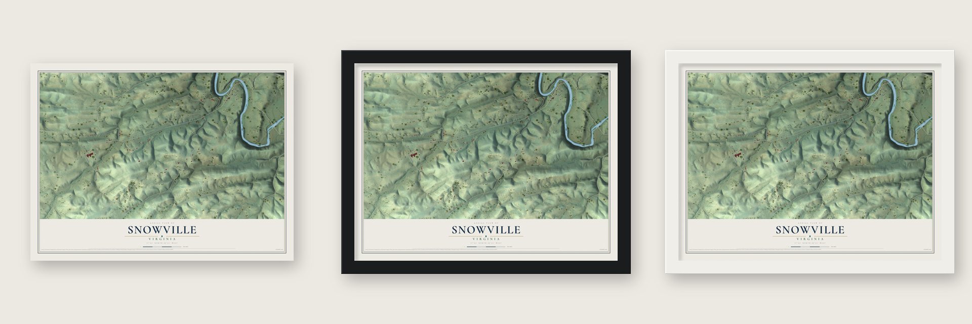 Snowville, Virginia map unframed, in a black wood frame and in a white wood frame