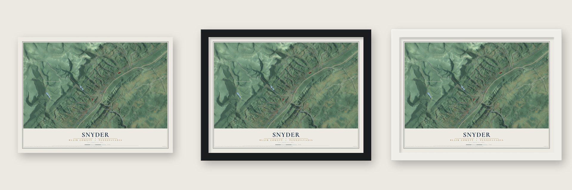 Snyder, Blair County, Pennsylvania map unframed, in a black wood frame and in a white wood frame