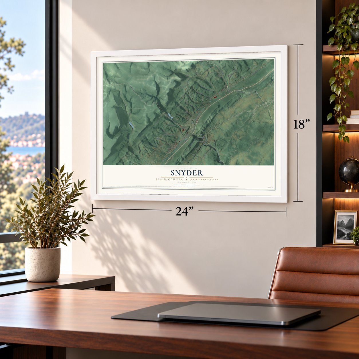 Snyder, Blair County, Pennsylvania map, 18 x 24 inch print in a white frame in a home office