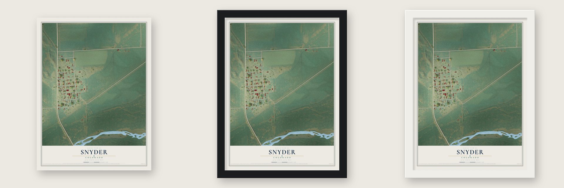 Snyder, Colorado map unframed, in a black wood frame and in a white wood frame