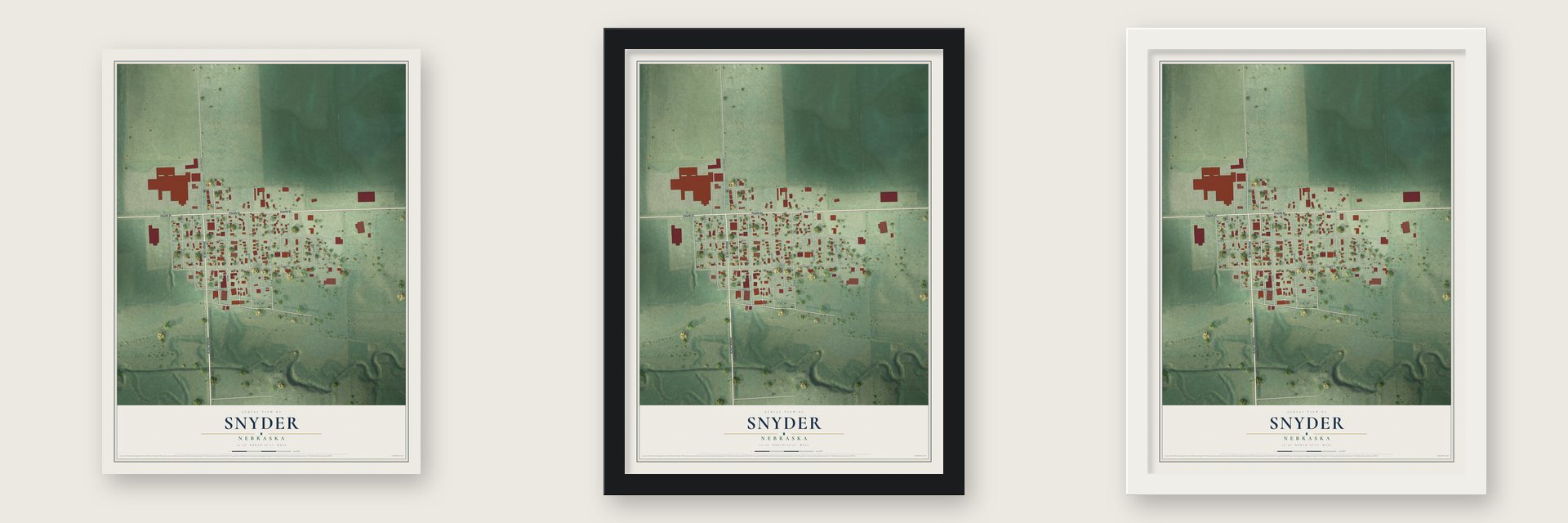Snyder, Nebraska map unframed, in a black wood frame and in a white wood frame