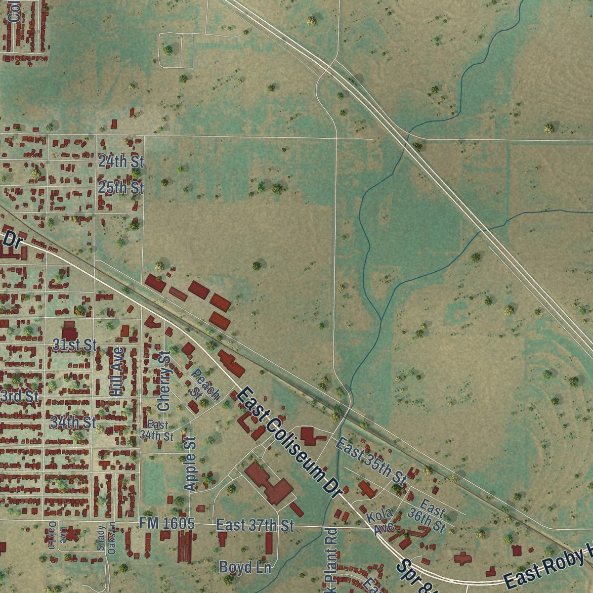 Second close-up of the map of Snyder, Texas print showing more streets and buildings