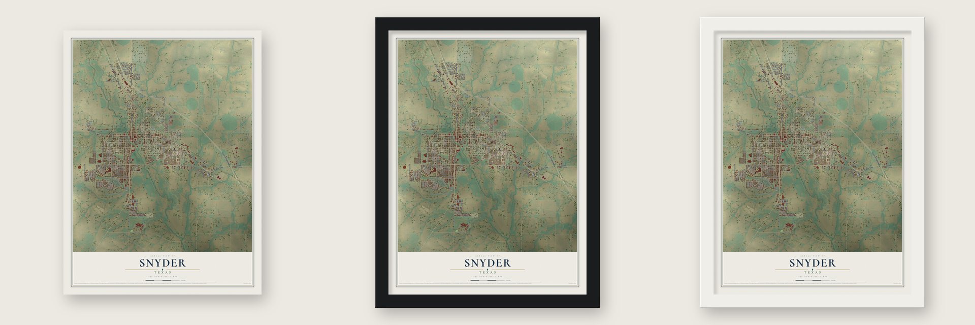 Snyder, Texas map unframed, in a black wood frame and in a white wood frame