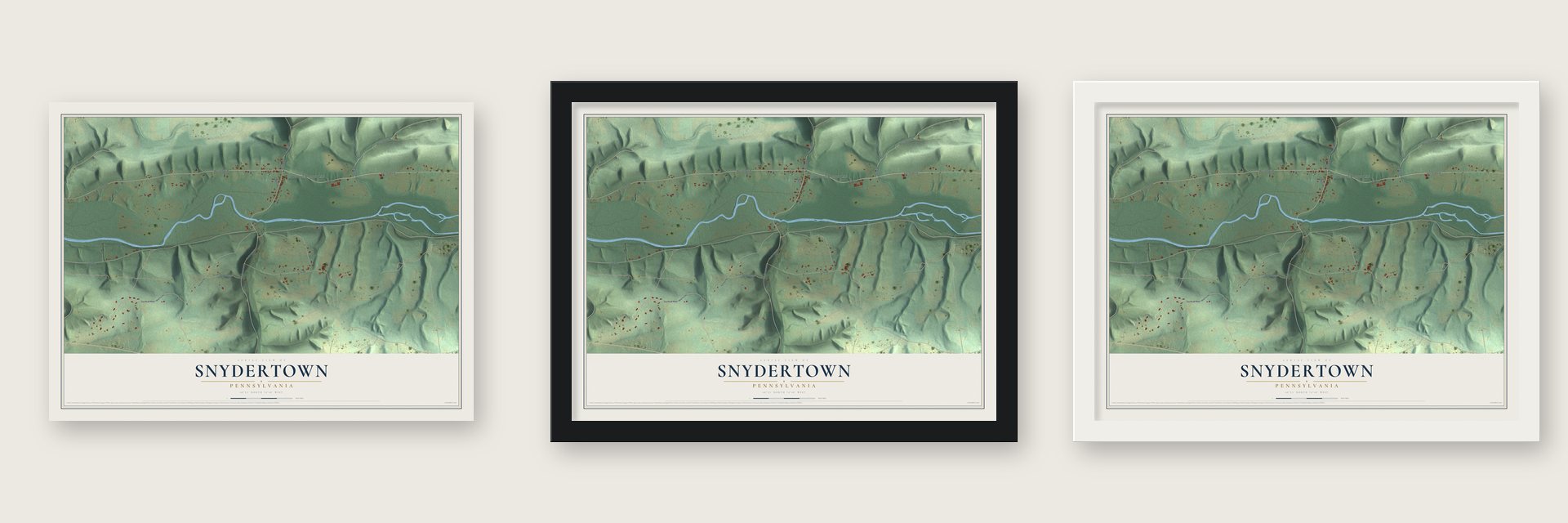 Snydertown, Pennsylvania map unframed, in a black wood frame and in a white wood frame