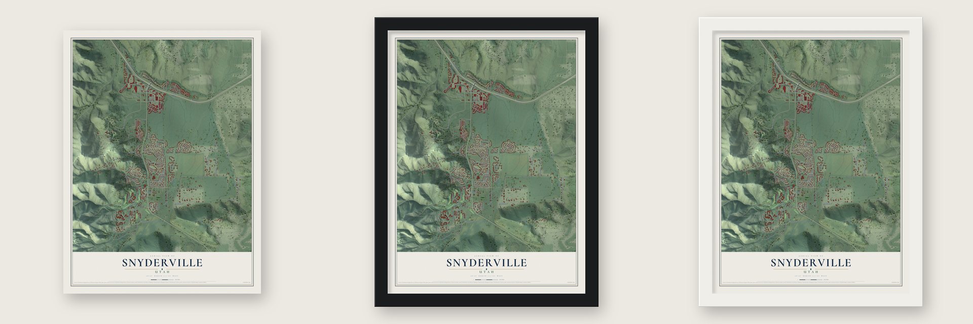 Snyderville, Utah map unframed, in a black wood frame and in a white wood frame