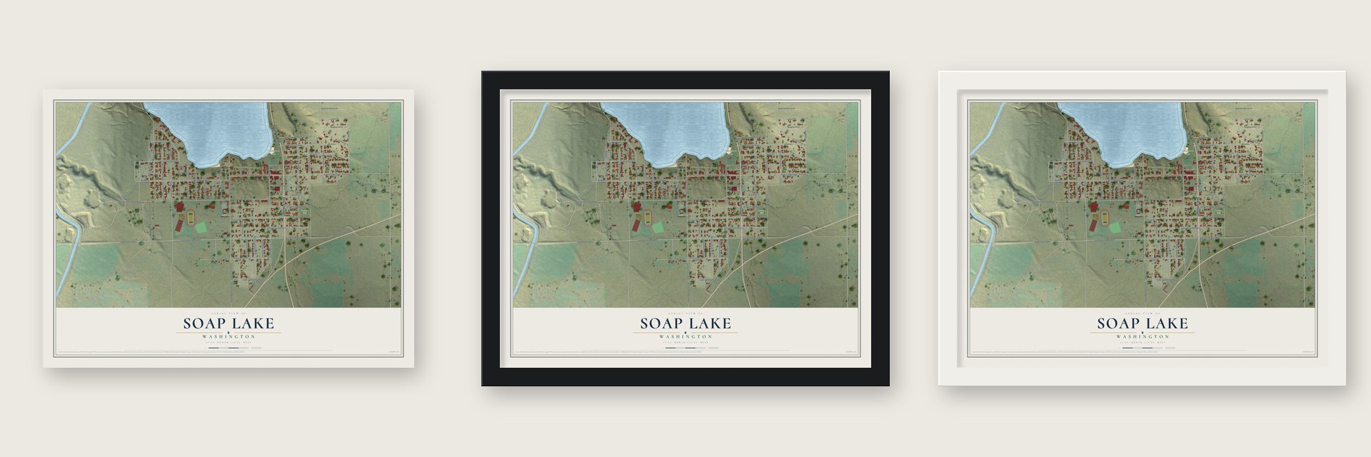 Soap Lake, Washington map unframed, in a black wood frame and in a white wood frame