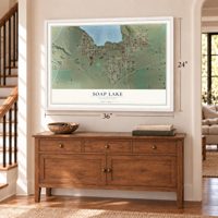 Soap Lake, Washington map, 24 x 36 inch print in a white frame above a dresser by a staircase