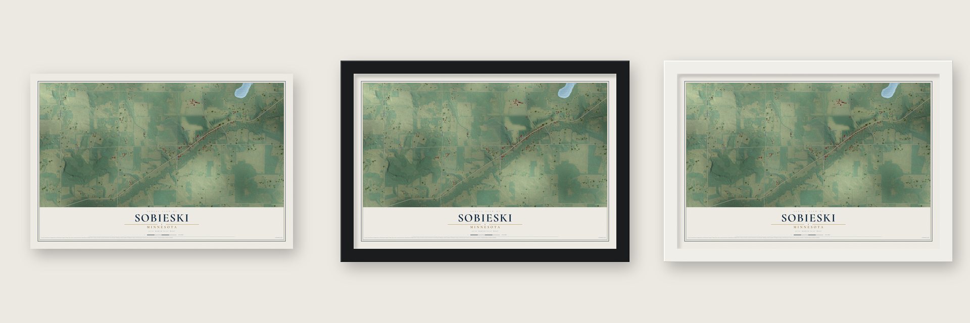 Sobieski, Minnesota map unframed, in a black wood frame and in a white wood frame