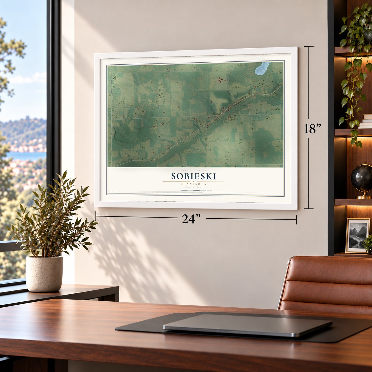 Sobieski, Minnesota map, 18 x 24 inch print in a white frame in a home office