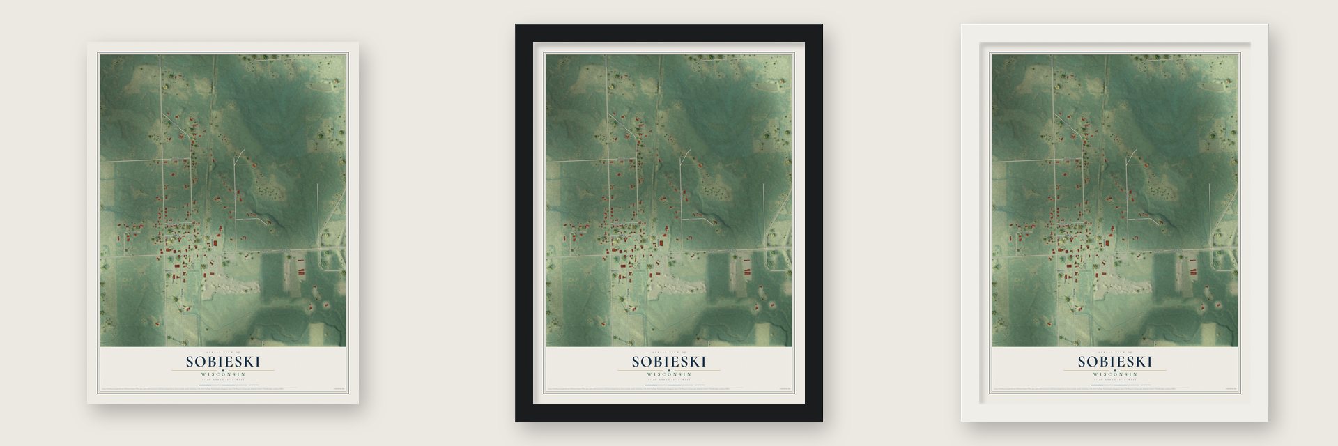 Sobieski, Wisconsin map unframed, in a black wood frame and in a white wood frame