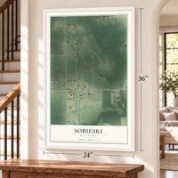 Sobieski, Wisconsin map, 24 x 36 inch print in a white frame by a staircase