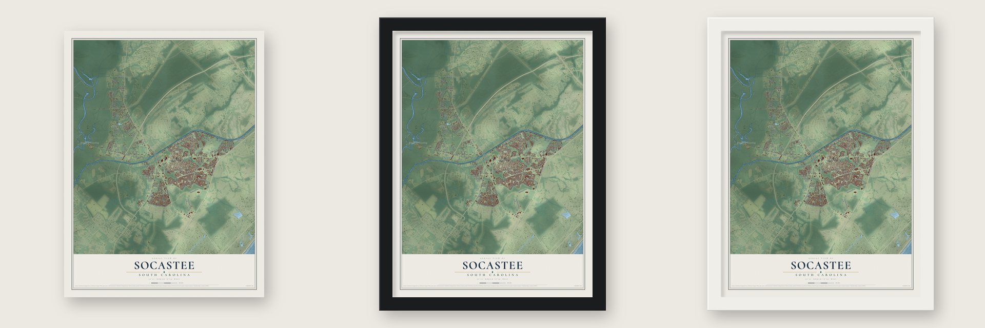 Socastee, South Carolina map unframed, in a black wood frame and in a white wood frame