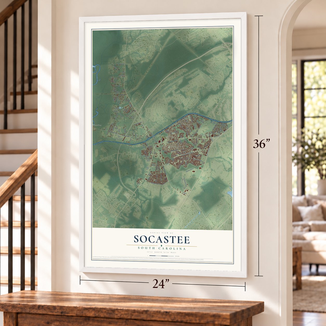 Socastee, South Carolina map, 24 x 36 inch print in a white frame by a staircase