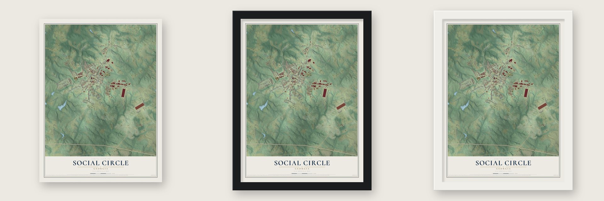 Social Circle, Georgia map unframed, in a black wood frame and in a white wood frame