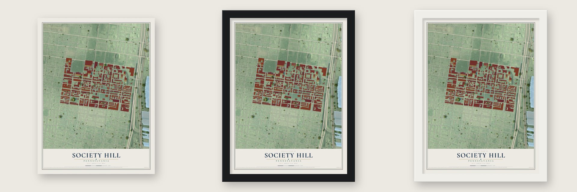 Society Hill, Pennsylvania map unframed, in a black wood frame and in a white wood frame