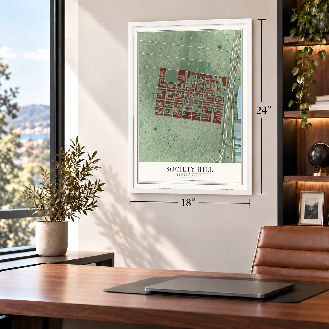 Society Hill, Pennsylvania map, 18 x 24 inch print in a white frame in a home office