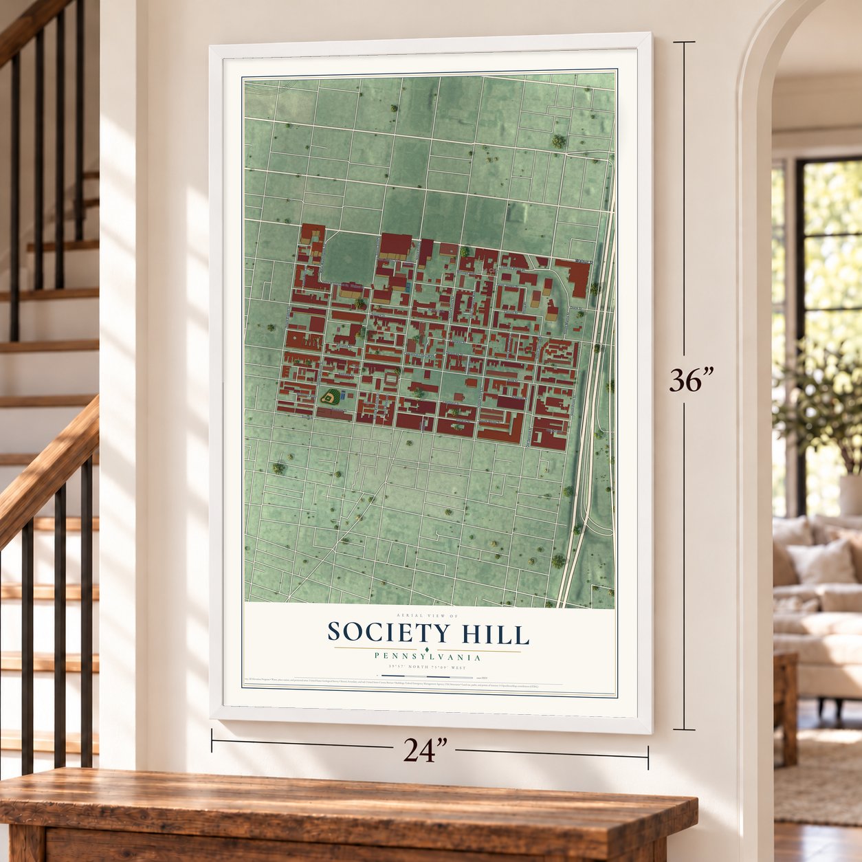Society Hill, Pennsylvania map, 24 x 36 inch print in a white frame by a staircase