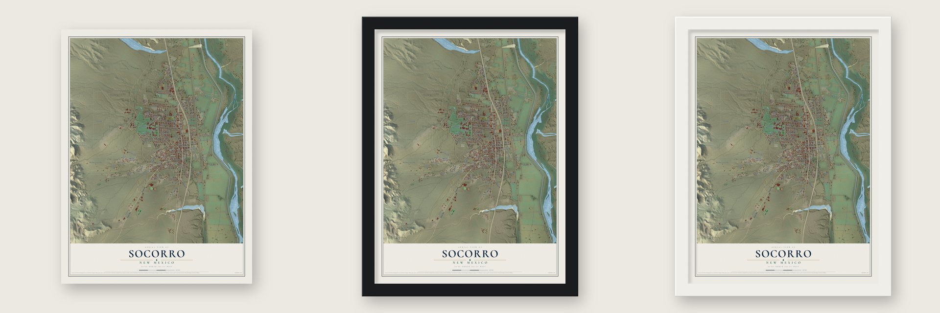 Socorro, New Mexico map unframed, in a black wood frame and in a white wood frame