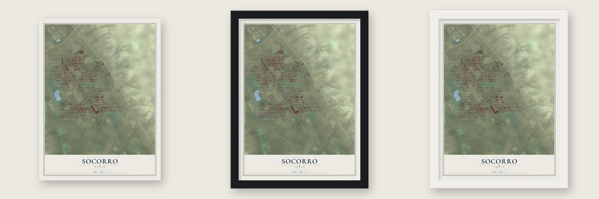 Socorro, Texas map unframed, in a black wood frame and in a white wood frame