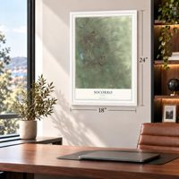 Socorro, Texas map, 18 x 24 inch print in a white frame in a home office