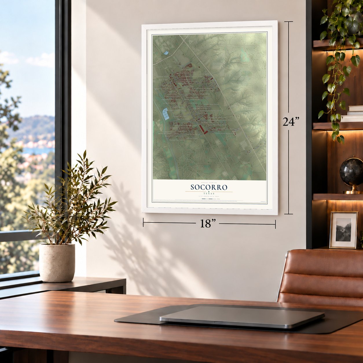 Socorro, Texas map, 18 x 24 inch print in a white frame in a home office