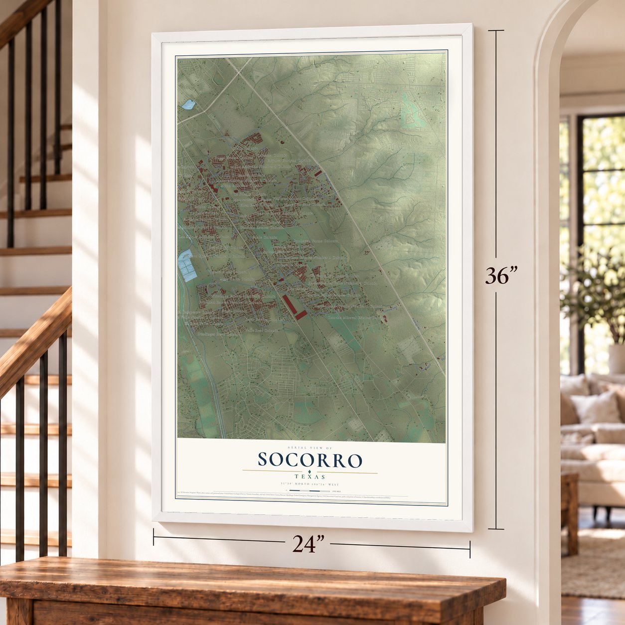 Socorro, Texas map, 24 x 36 inch print in a white frame by a staircase