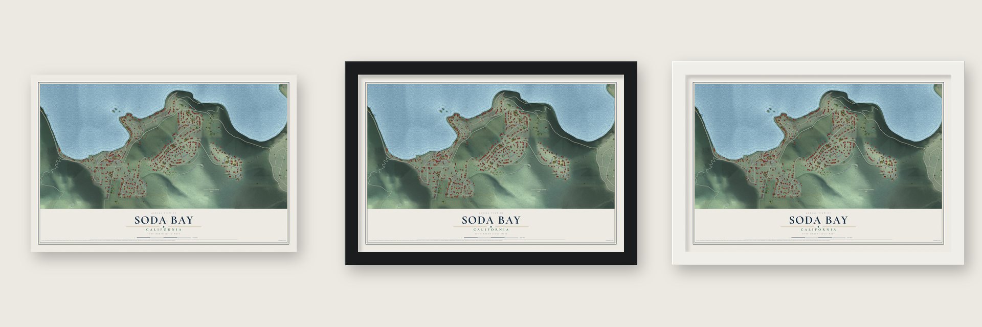 Soda Bay, California map unframed, in a black wood frame and in a white wood frame