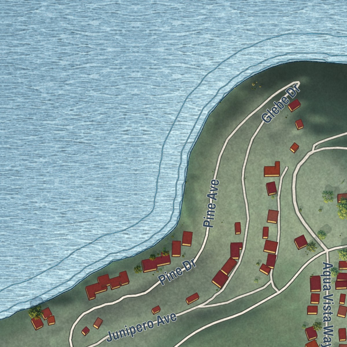 Second close-up of the map of Soda Bay, California print showing more streets and buildings